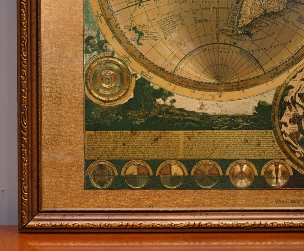 VINTAGE FRAMED PRINT PLANISPHAERIUM TERRESTRE GOLD FOIL MAP WORLD PETER SCHENK
