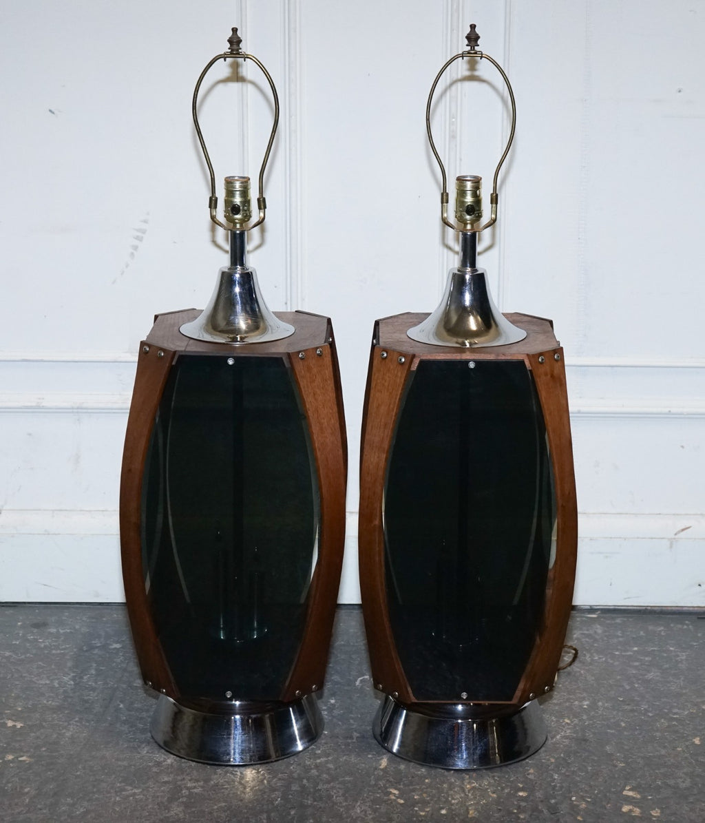 PAIR OF LARGE MODERN DANISH ACRYLIC & TEAK MID CENTURY LAMPS