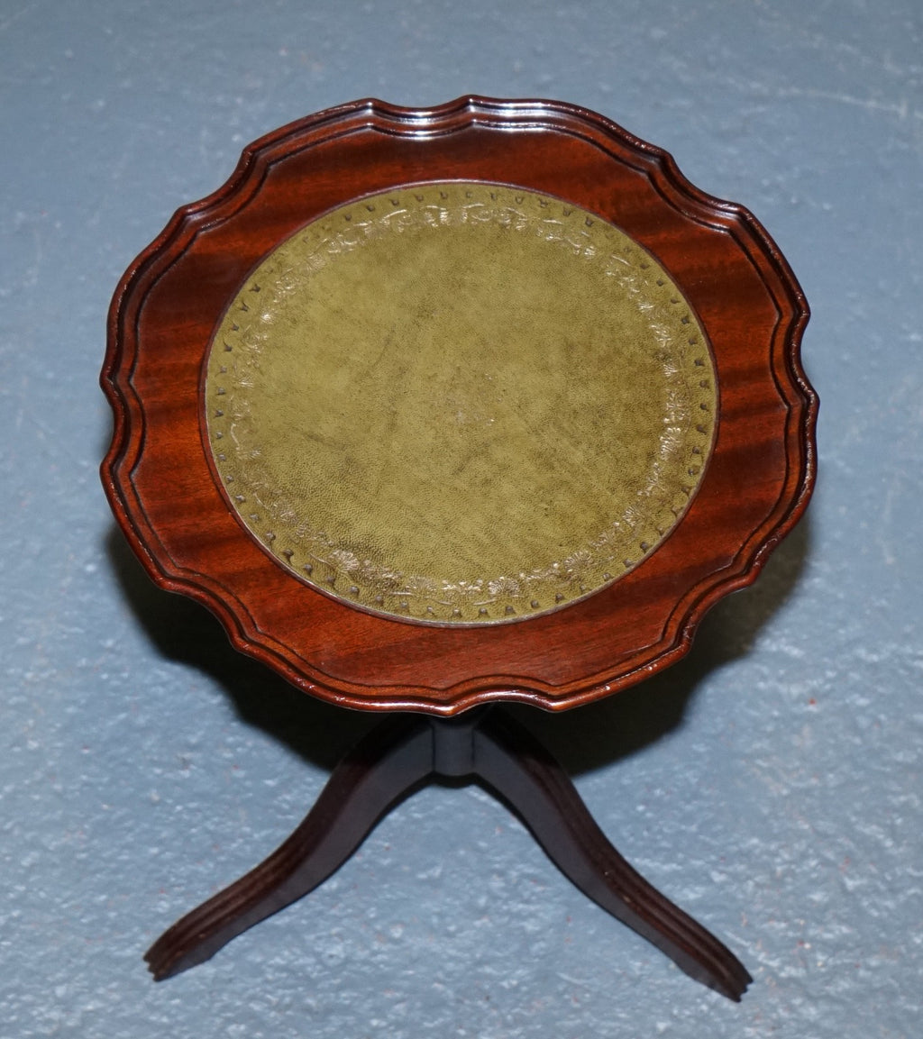 VINTAGE GEORGIAN STYLE TRIPOD WINE TABLE WITH SCALLOPED EDGE & LEATHER INSET TOP