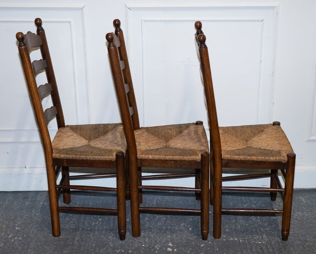 SET OF SIX ANTIQUE ENGLISH 19TH CENTURY LADDERBACK RUSH SEAT DINING CHAIRS