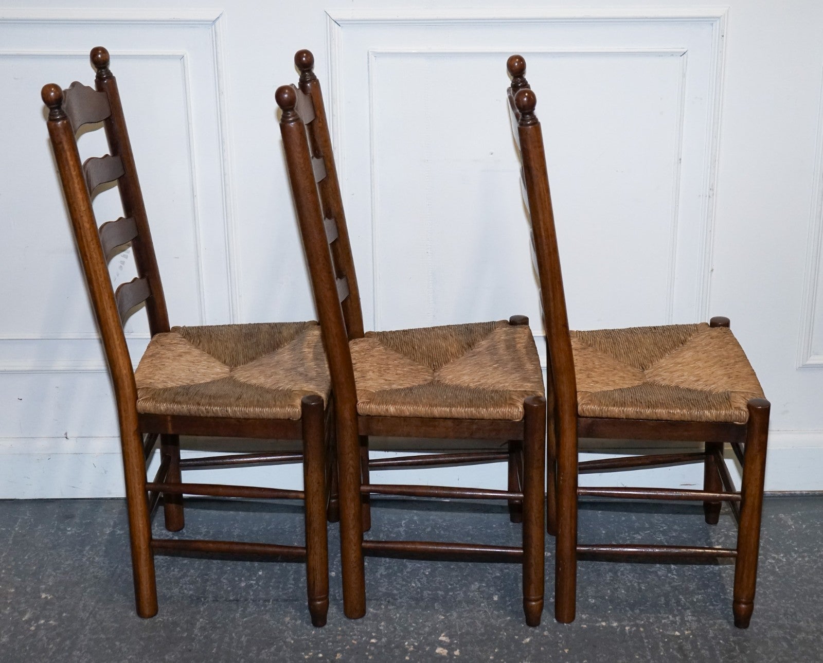 SET OF SIX ANTIQUE ENGLISH 19TH CENTURY LADDERBACK RUSH SEAT DINING CHAIRS