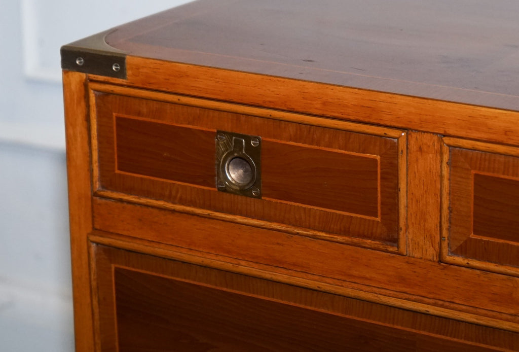 A PAIR OF YEW WOOD & BRASS ENGLISH MILITARY CAMPAIGN END CABINETS NIGHTSTANDS