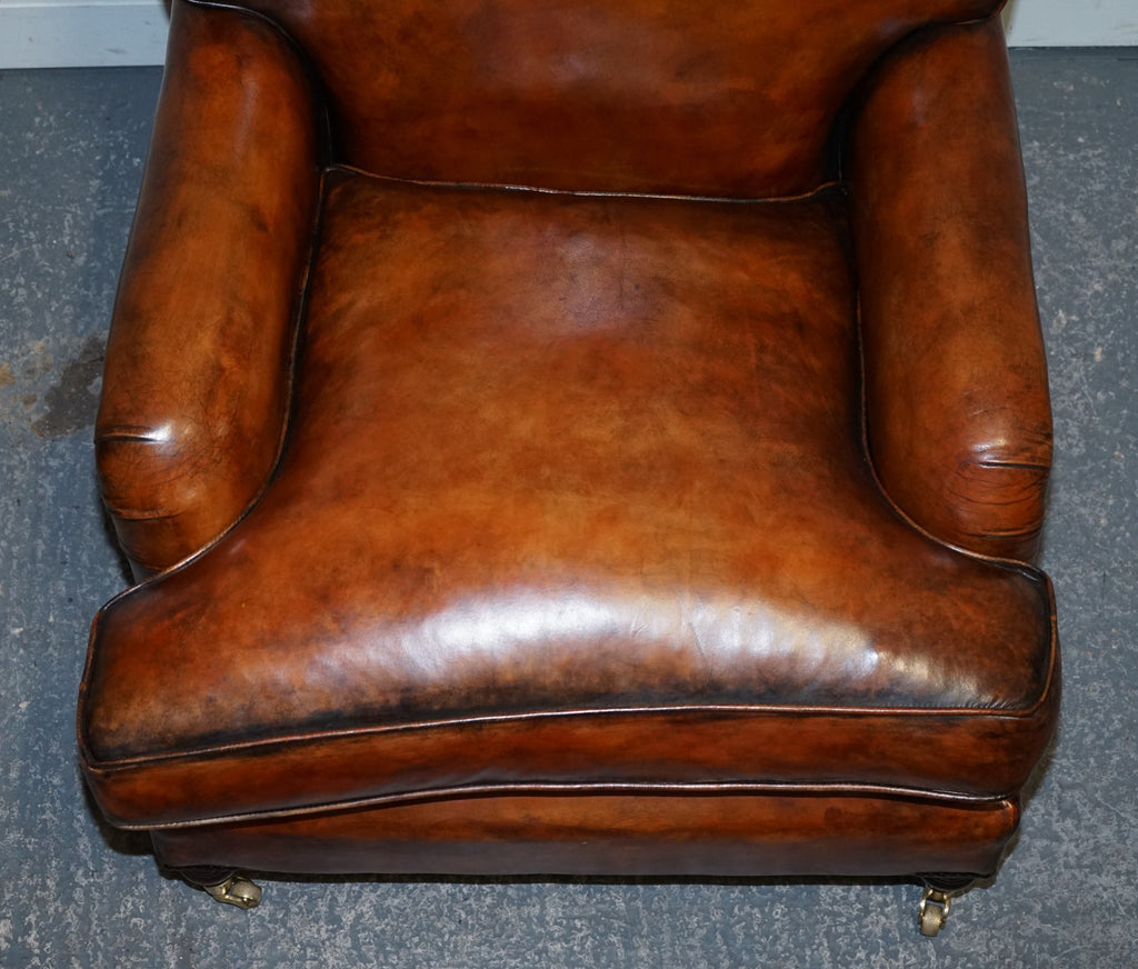 LARGE PAIR OF HOWARD STYLE HAND DYED LEATHER ARMCHAIRS FEATHER FILLED CUSHIONS