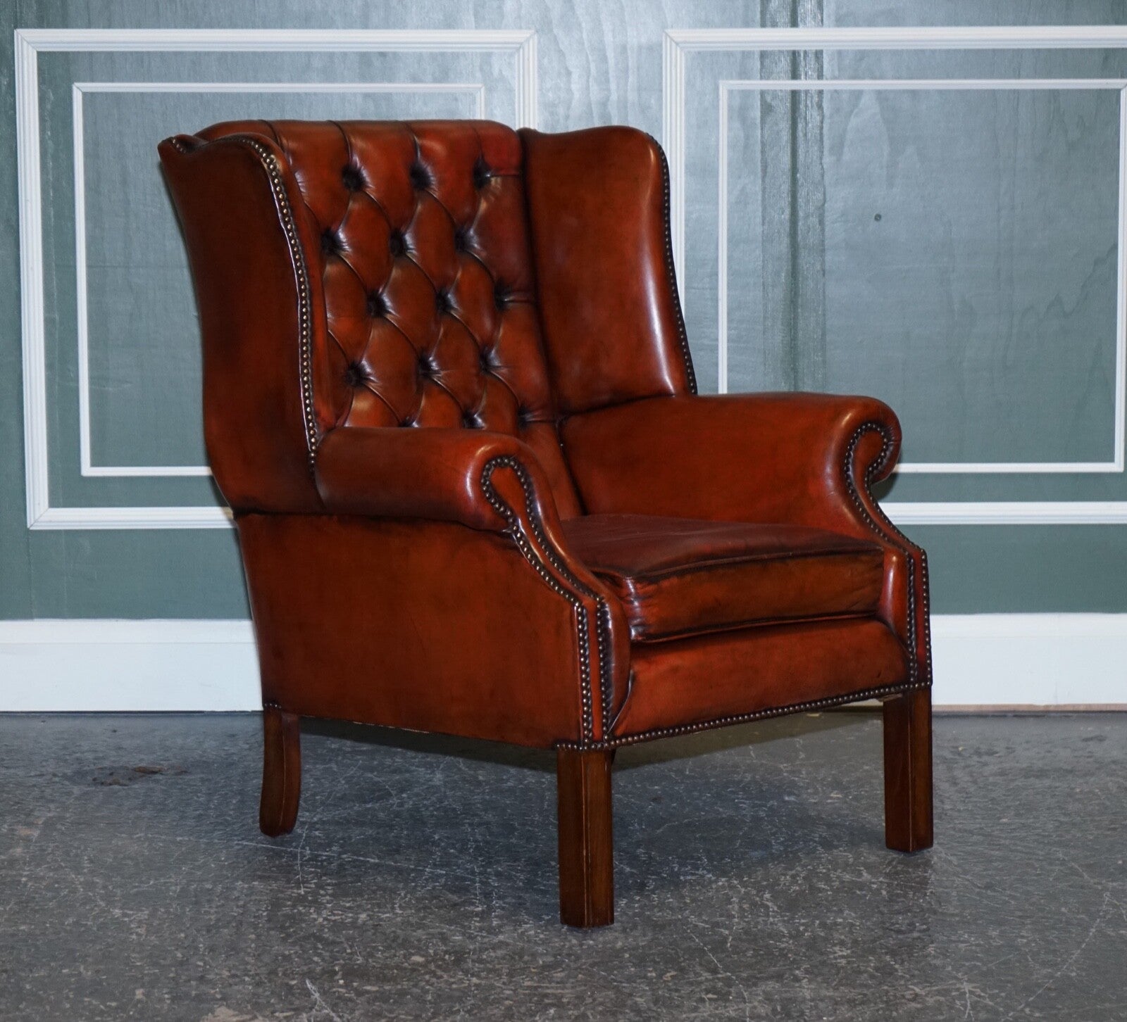 STUNNING PAIR OF BURGUNDY BROWN LEATHER HAND DYED WINGBACK CHAIRS