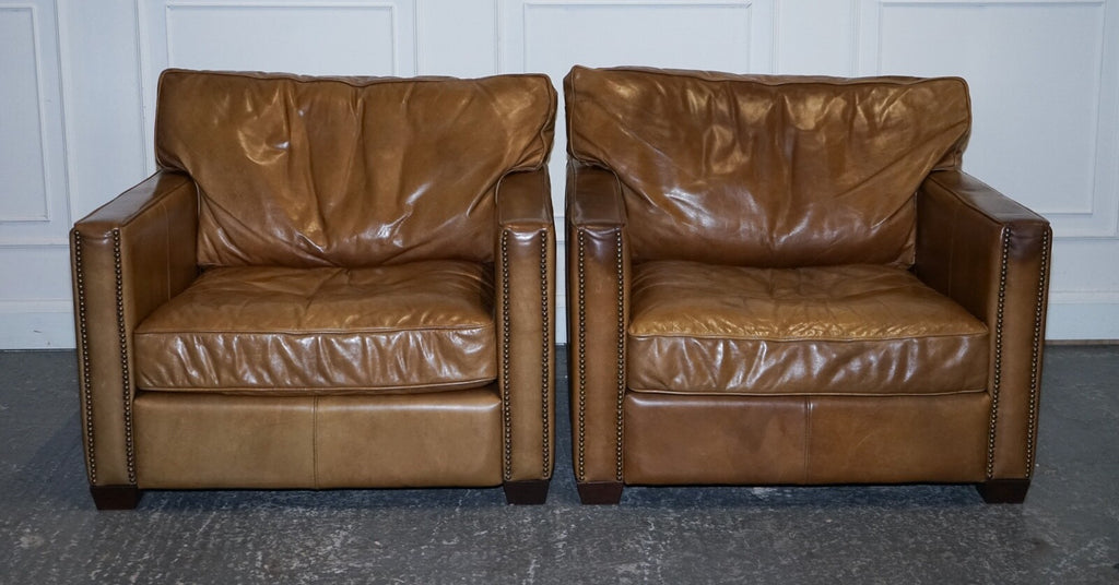 LOVELY TIMOTHY OULTON VISCOUNT PAIR OF TAN LEATHER ARMCHAIRS RRP £5,200