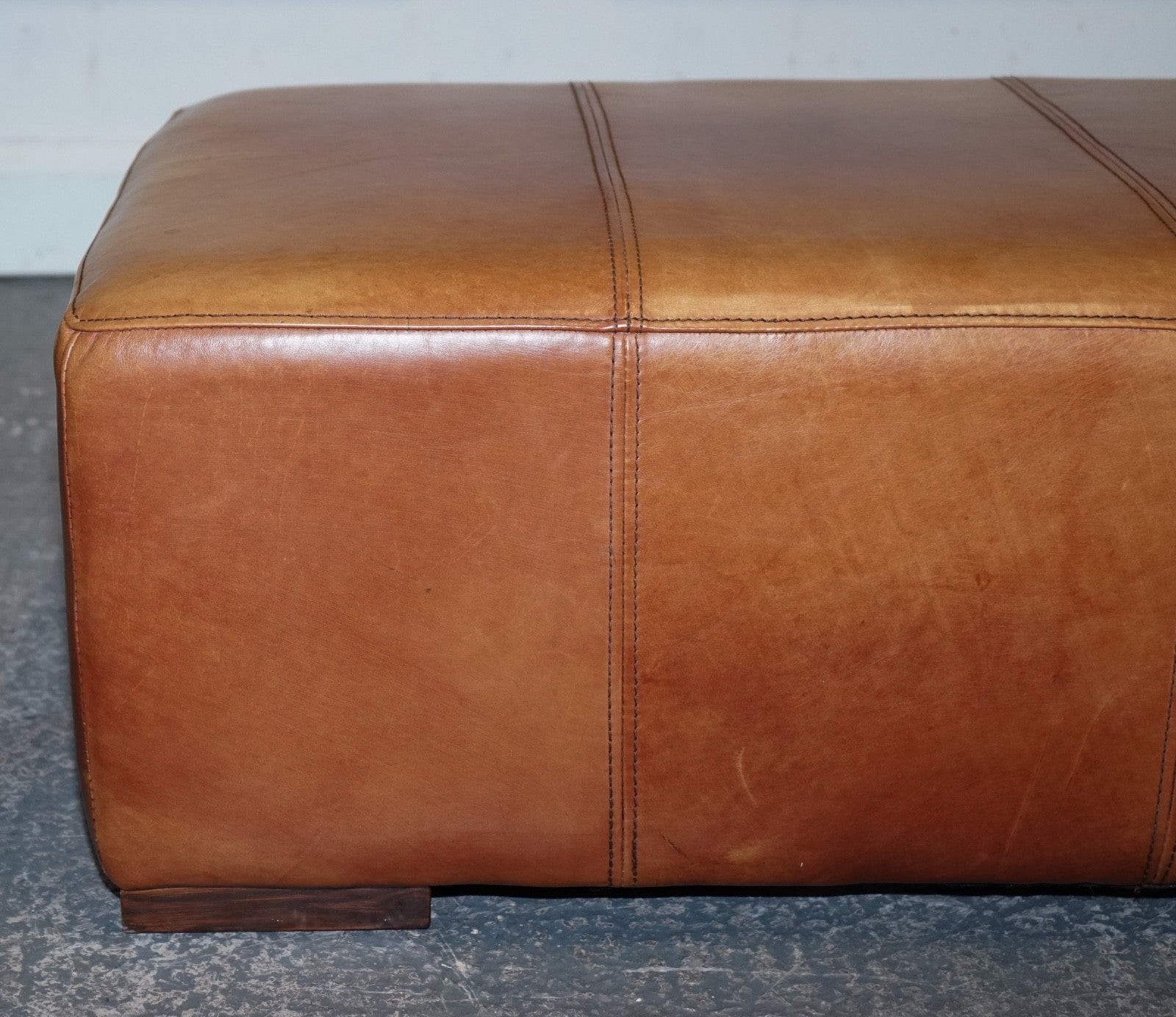 VINTAGE LARGE TAN LEATHER FOOTSTOOL OTTOMAN MADE BY HALO