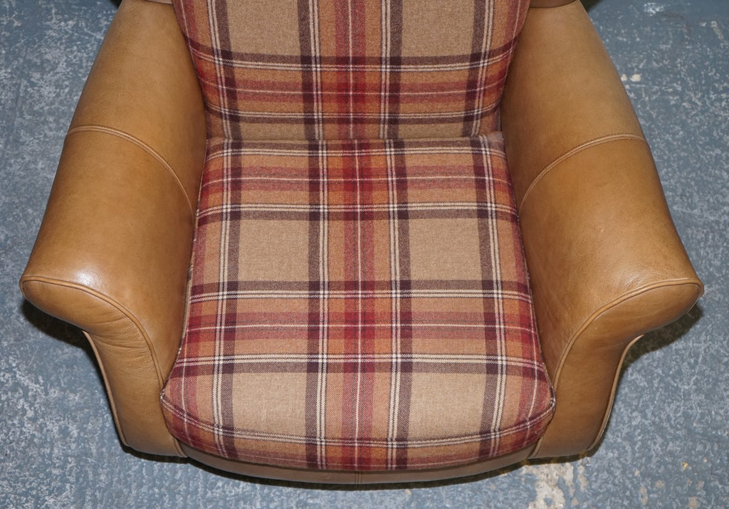 STUNNING PAIR OF  ALEXANDER & JAMES LAWRENCE LEATHER & FABRIC WINGBACK ARMCHAIRS