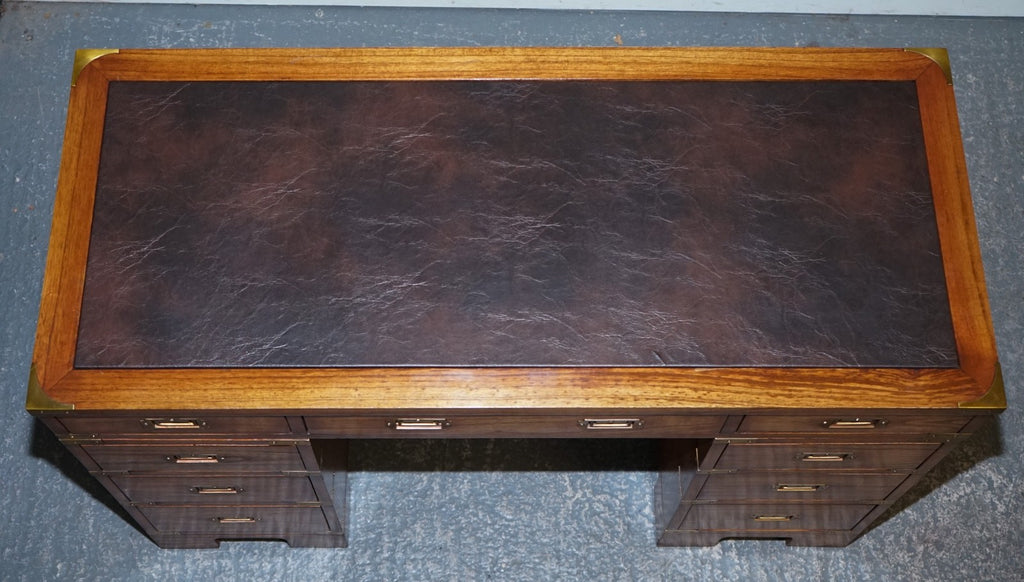 VINTAGE MILITARY CAMPAIGN TWIN PEDESTAL DESK WITH BRASS FITTINGS
