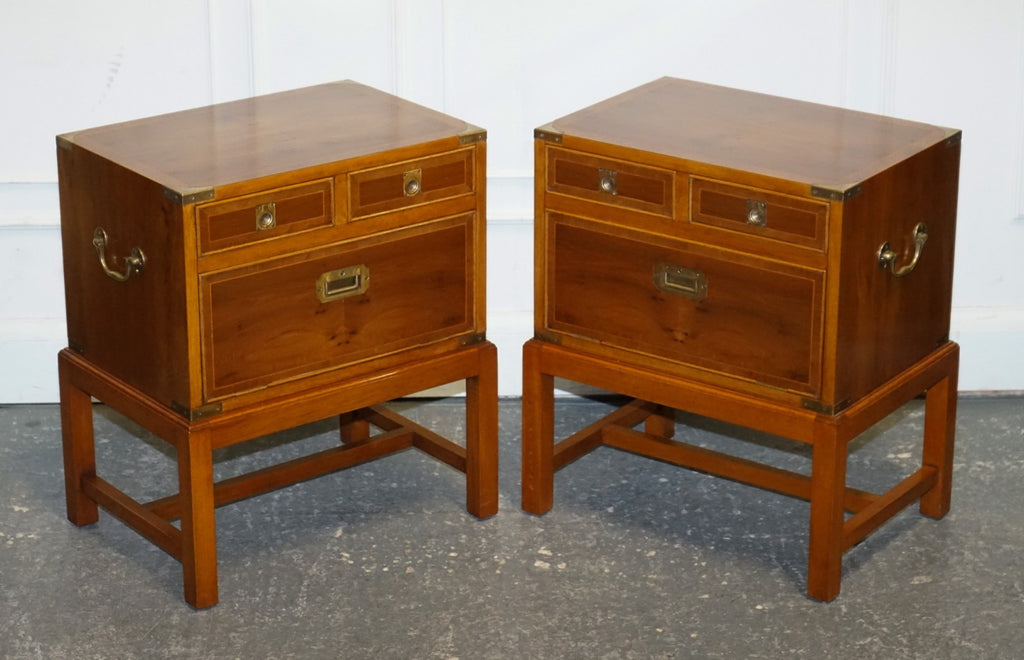 A PAIR OF YEW WOOD & BRASS ENGLISH MILITARY CAMPAIGN END CABINETS NIGHTSTANDS