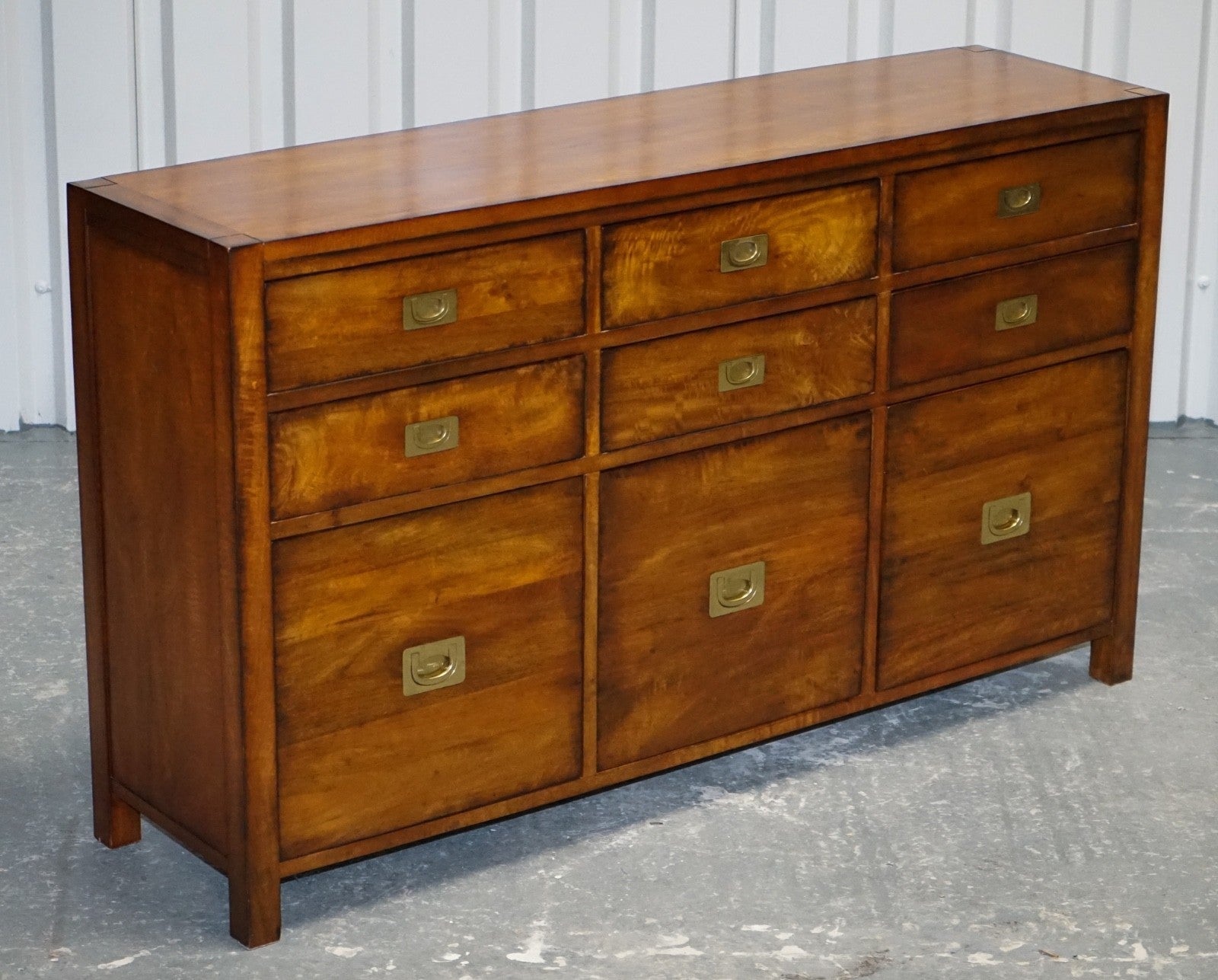 VINTAGE HARDWOOD & BRASS MILITARY CAMPAIGN STYLE BANK OF DRAWERS SIDEBOARD