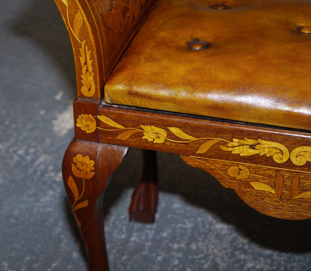 ANTIQUE 1860 DUTCH MARQUETRY WINDOW PIANO STOOL WITH HAND DYED CHESTERFIELD SEAT