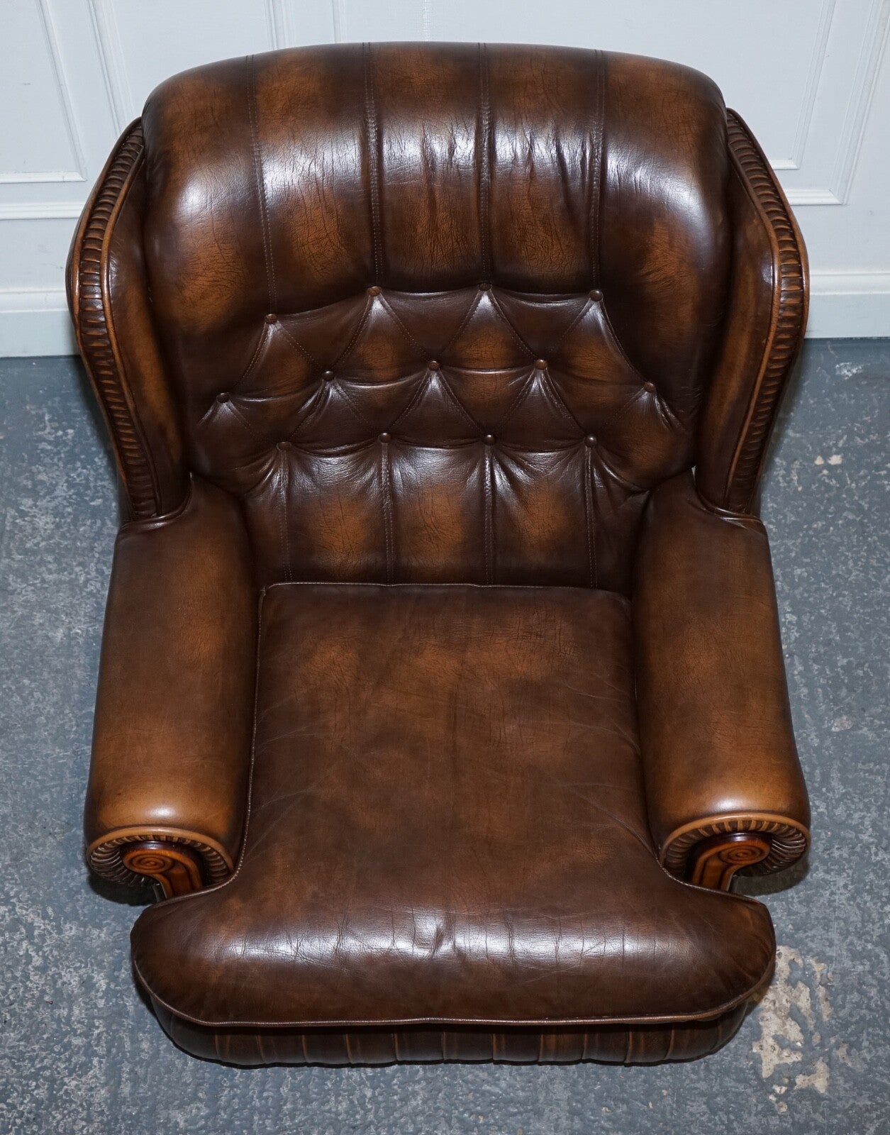 VINTAGE PAIR OF BRITISH MADE BROWN AGED LEATHER MONK CHESTERFIELD ARMCHAIRS