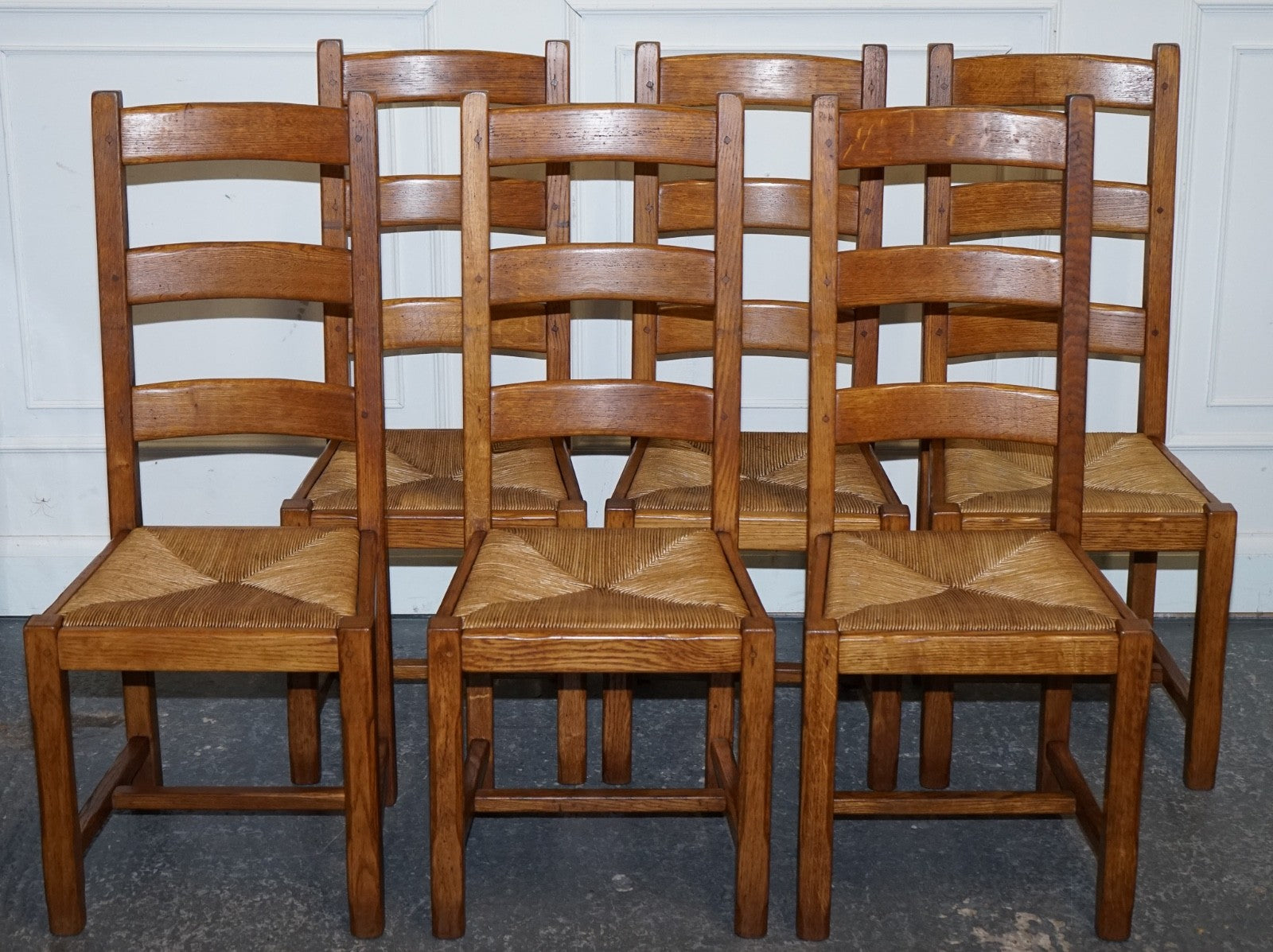 1950'S FRENCH SET OF 6 FARM COUNTRY HOUSE LADDER BACK DINING CHAIRS STRAW SEATS