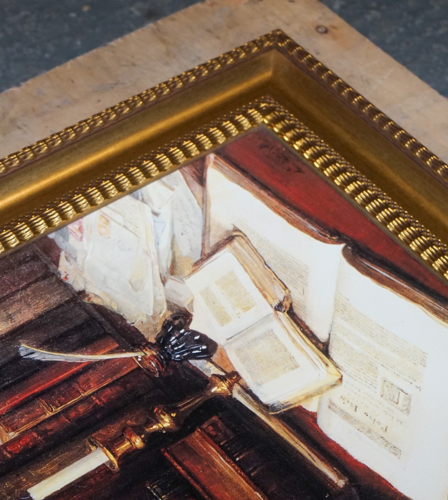 VINTAGE SOPHISTICATED LIBRARY SETTING PRINT IN GILTED FRAME  64 X 114 CM