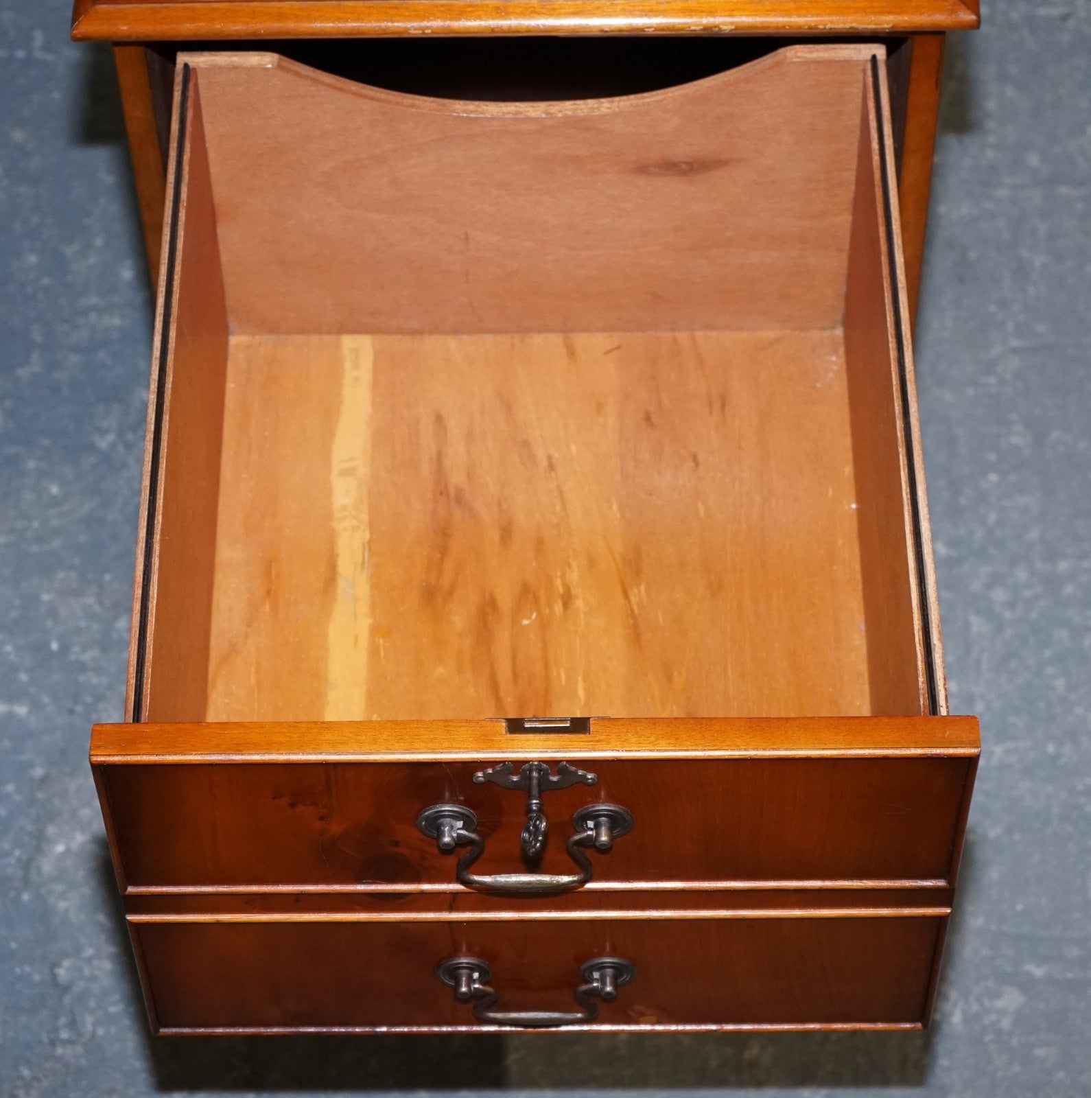 VINTAGE YEW WOOD FILLING CABINET WITH GREEN LEATHER TOP AND TWO DRAWERS
