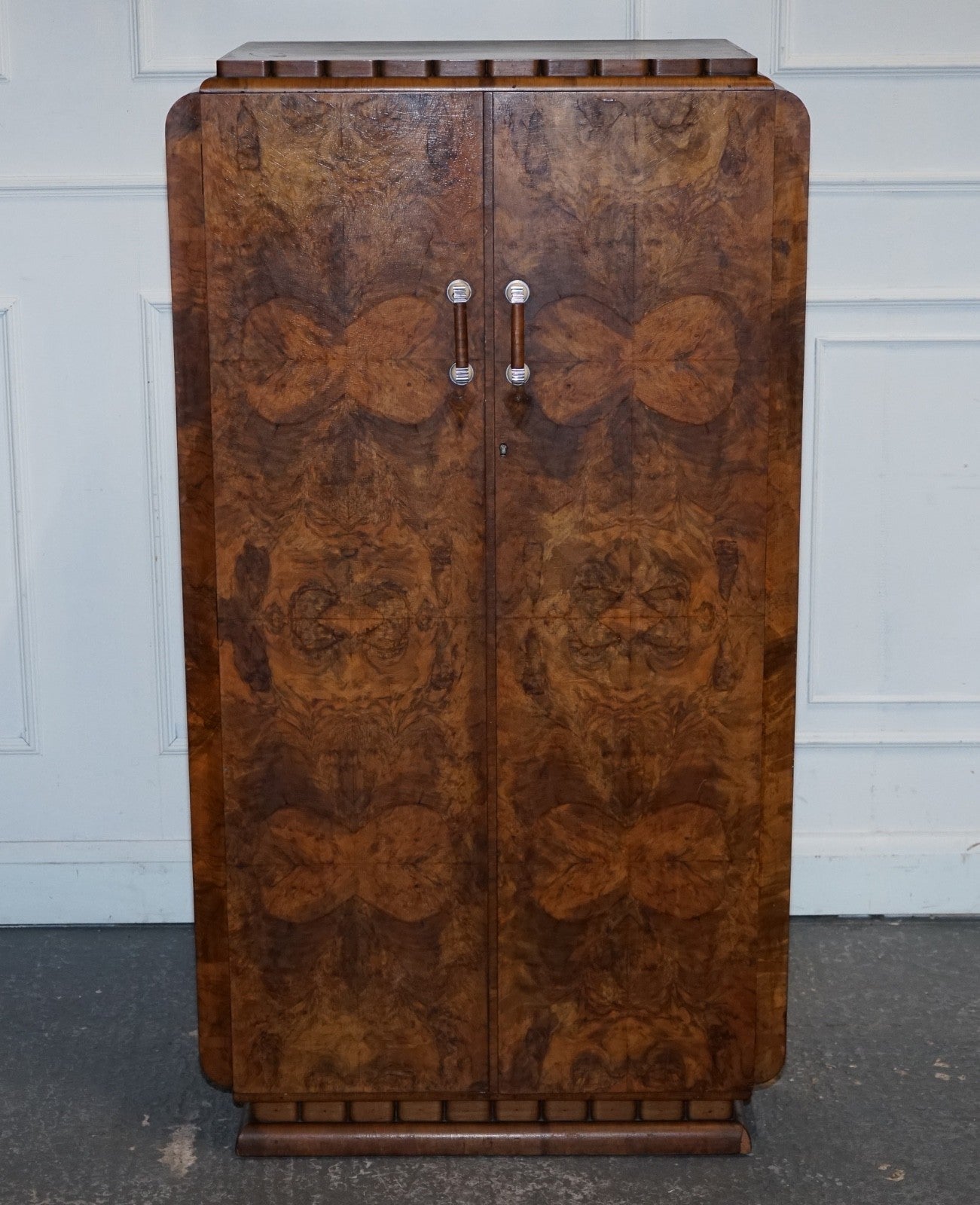 STUNNING ART DECO 1920'S PETITE BURR WALNUT TWO DOOR WARDROBE OR AMOIRE