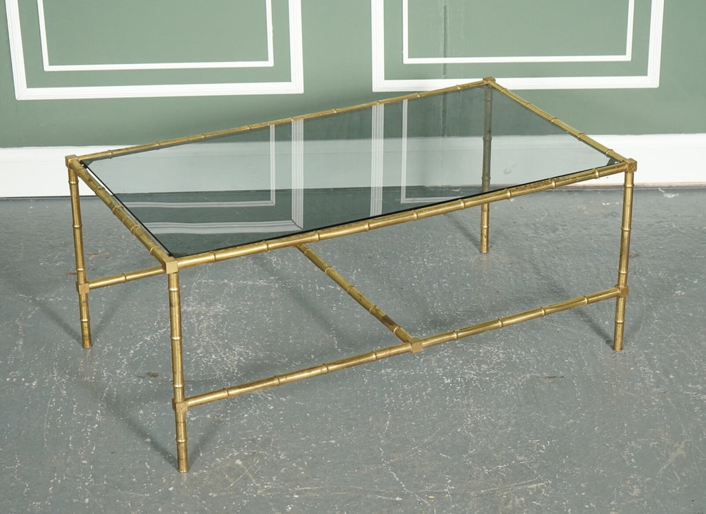 HOLLYWOOD REGENCY GOLDEN BAMBOO COFFEE TABLE SET WITH 2 SIDE TABLES ON CASTORS