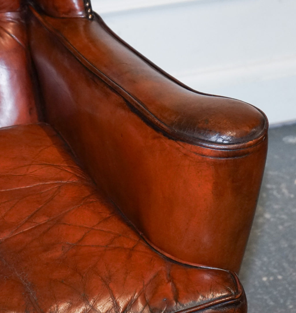 PAIR OF WILLIAM MORRIS FLAT ARM CHESTERFIELD WINGBACK BORDEAUX ARMCHAIRS