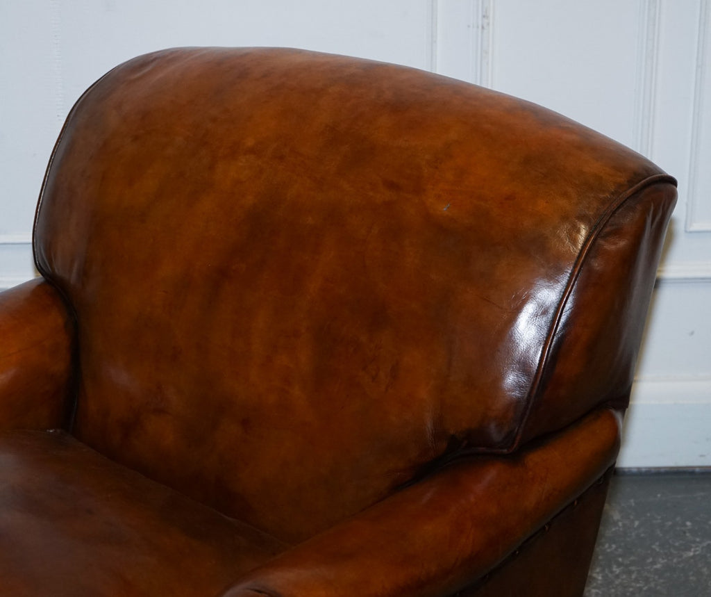 LARGE PAIR HOWARD STYLE HAND DYED LEATHER ARMCHAIRS FEATHER FILLED CUSHIONS
