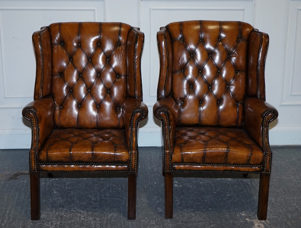 STUNNING 1960'S HAND DYED BROWN LEATHER CHESTERFIELD WINGBACK ARMCHAIRS
