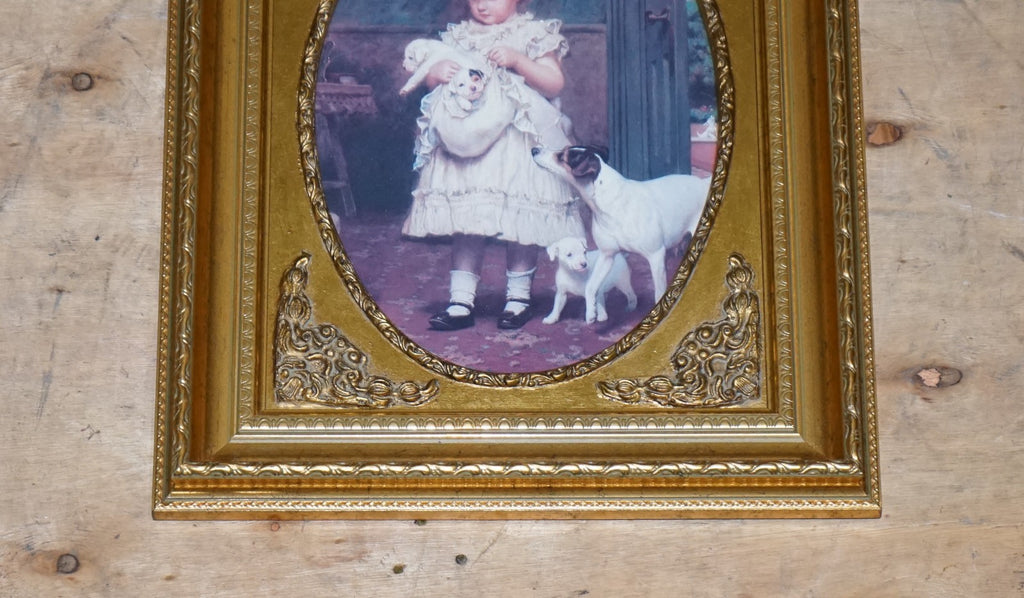 VINTAGE VICTORIAN STYLE PRINT GIRL WITH DOG AND PUPPIES GITLED FRAME 52 X 42 CM