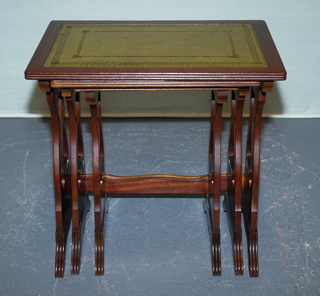 VINTAGE LYRE BASE GREEN LEATHER TOP NEST OF TABLES SIDE TABLES