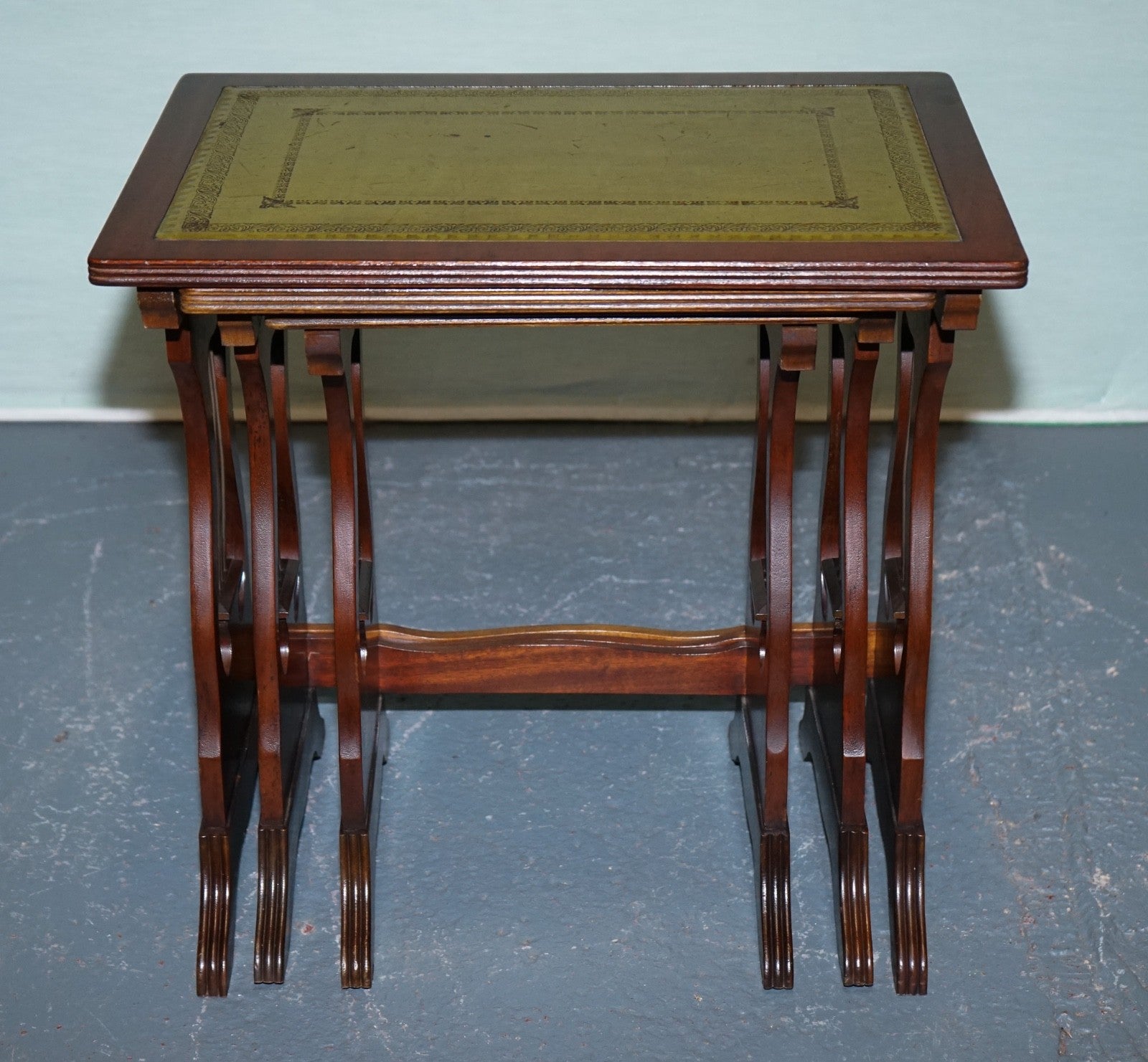 VINTAGE LYRE BASE GREEN LEATHER TOP NEST OF TABLES SIDE TABLES