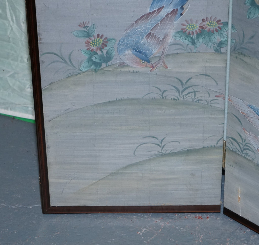 VINTAGE EXOTIC ORIENTAL BIRDS & FLOWERS FOLDING FOUR PANEL PETITE ROOM DIVIDER