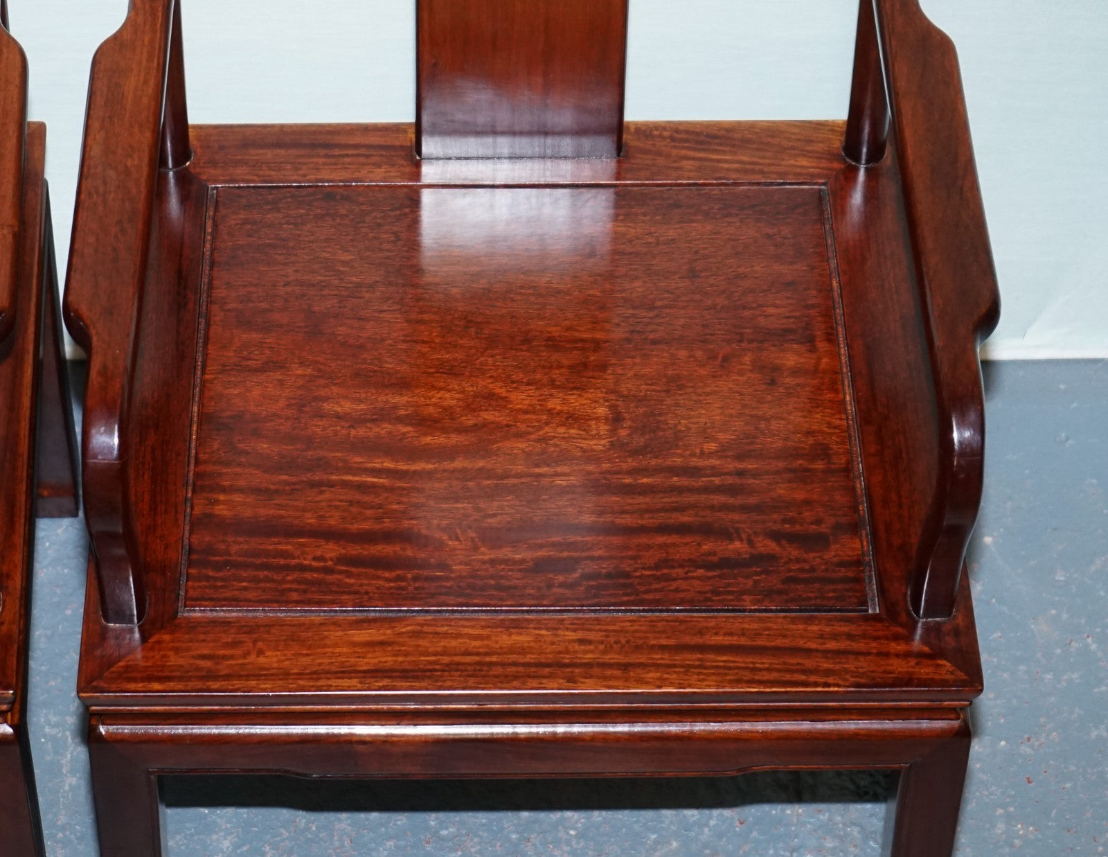 SET OF TEN VINTAGE ORIENTAL CHINESE HARDWOOD CARVER DINING ARMCHAIRS W/ CUSHIONS