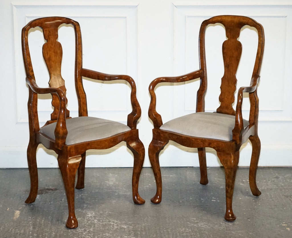 1920'S ART DECO PAIR OF QUEEN ANNE STYLE BURR WALNUT HALLWAY ELBOW ARMCHAIRS