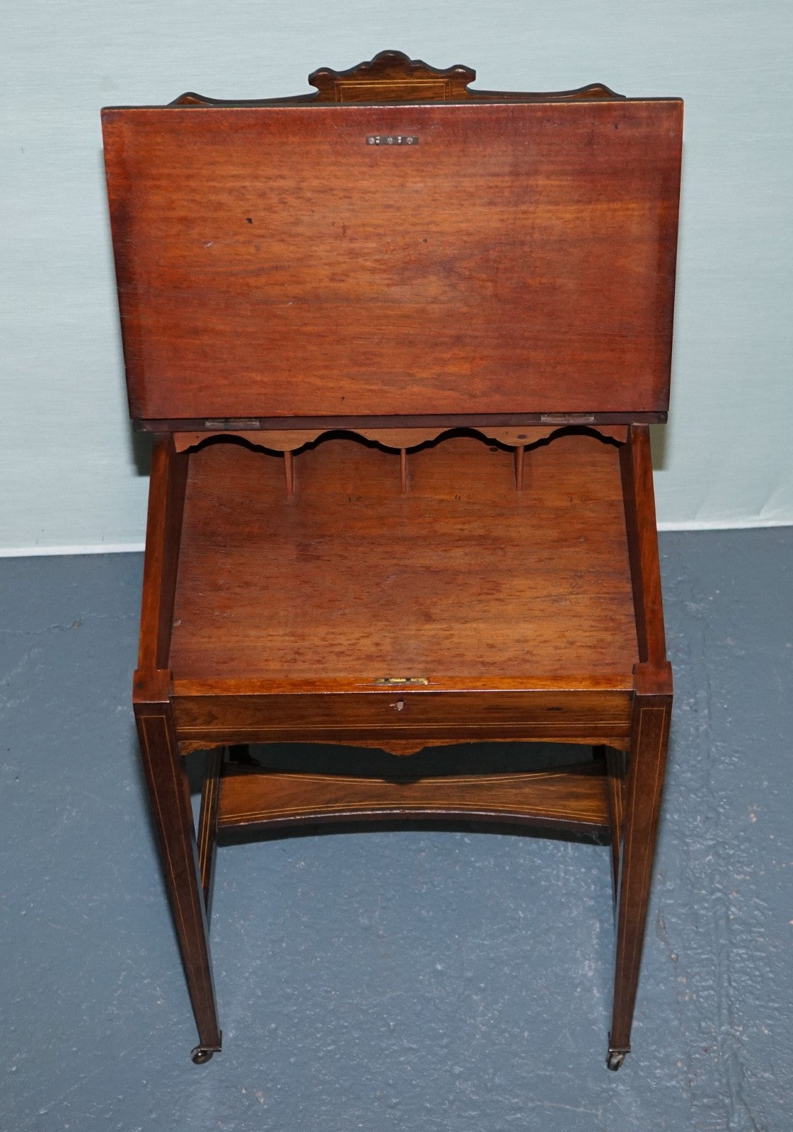VICTORIAN LADIES WRITING DAVENPORT DESK WITH INLAY & LEATHER WRITING SURFACE