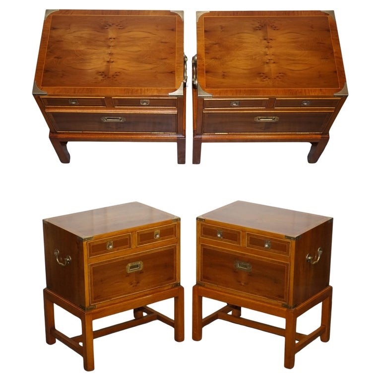A PAIR OF YEW WOOD & BRASS ENGLISH MILITARY CAMPAIGN END CABINETS NIGHTSTANDS