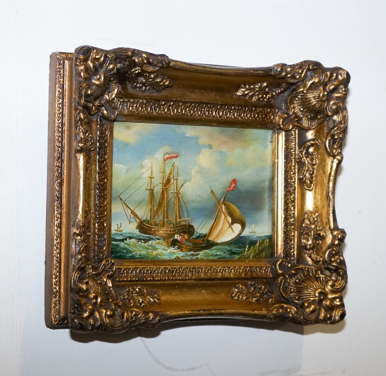 FINE ANTIQUE EARLY 20TH CENTURY OIL PAINTING OF FRENCH SHIP GILTWOOD FRAME