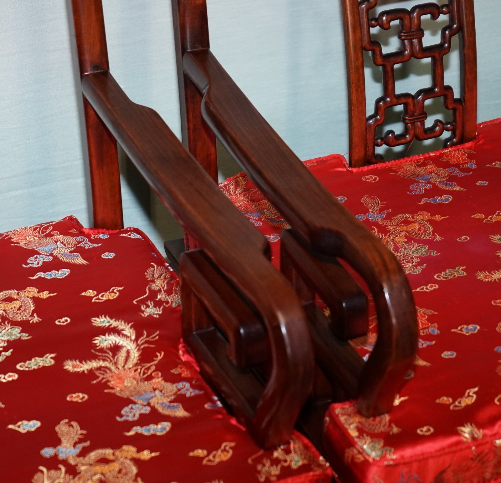 PAIR VINTAGE ORIENTAL CHINESE HARD WOOD CARVER ARMCHAIRS WITH CUSHIONS