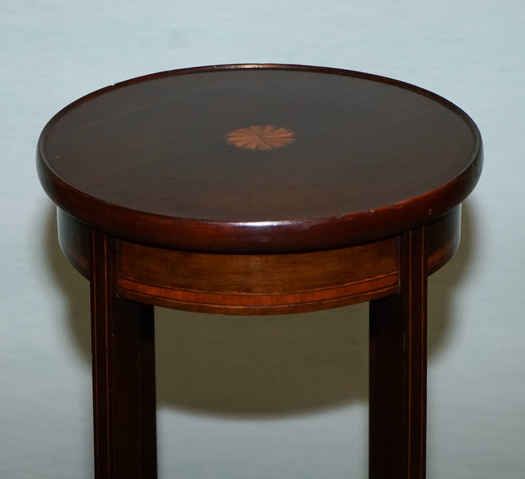 ANTIQUE HARDWOOD TWO TIER PLANT STAND WITH STARBURST MARQUETRY INLAY