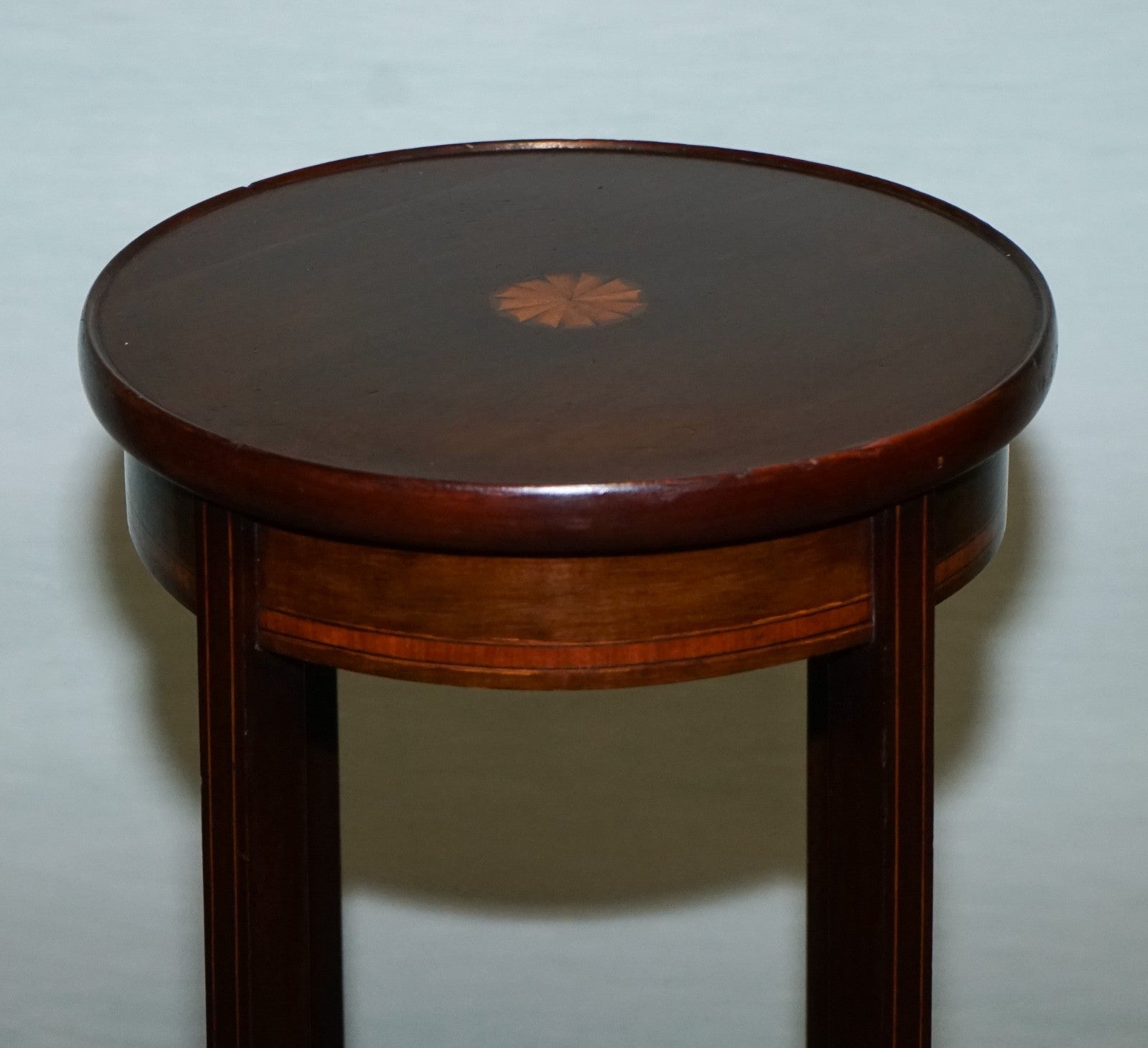 ANTIQUE HARDWOOD TWO TIER PLANT STAND WITH STARBURST MARQUETRY INLAY