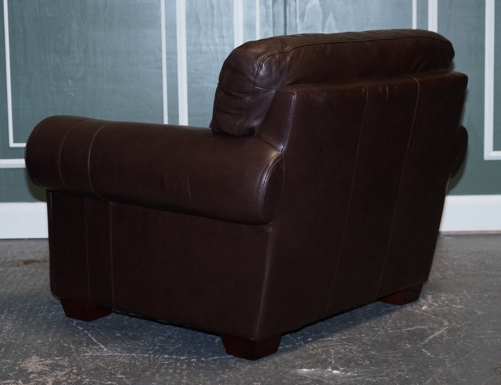 PAIR OF LARGE COMFORTABLE BROWN LEATHER ARMCHAIRS, MATCHING SOFA AVAILABLE