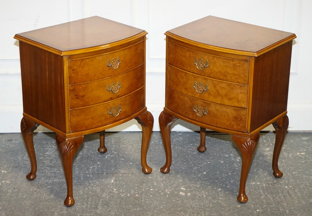GORGEOUS PAIR OF ART DECO STYLE BURR WALNUT BEDSIDES NIGHTSTANDS TABLES