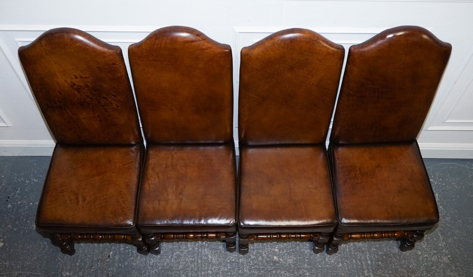 8 RESTORED CROMWELLIAN HAND DYED WHISKEY BROWN LEATHER DINING CHAIRS