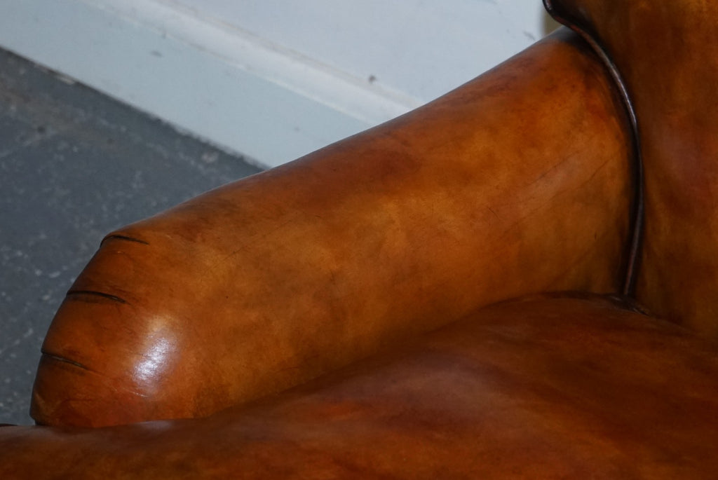 RESTORED HAND DYED LEATHER THREE SEATER SOFA HOWARD & SONS STYLE FEATHER FILLED