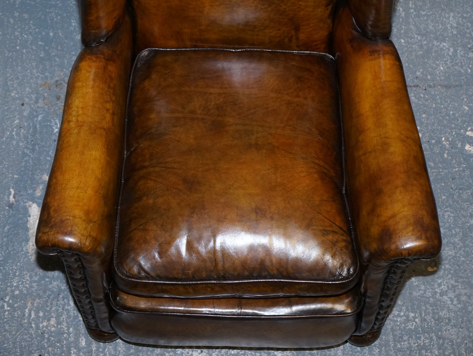 STUNNING EARLY VICTORIAN HAND DYED BROWN LEATHER READING LOUNGE ARMCHAIR