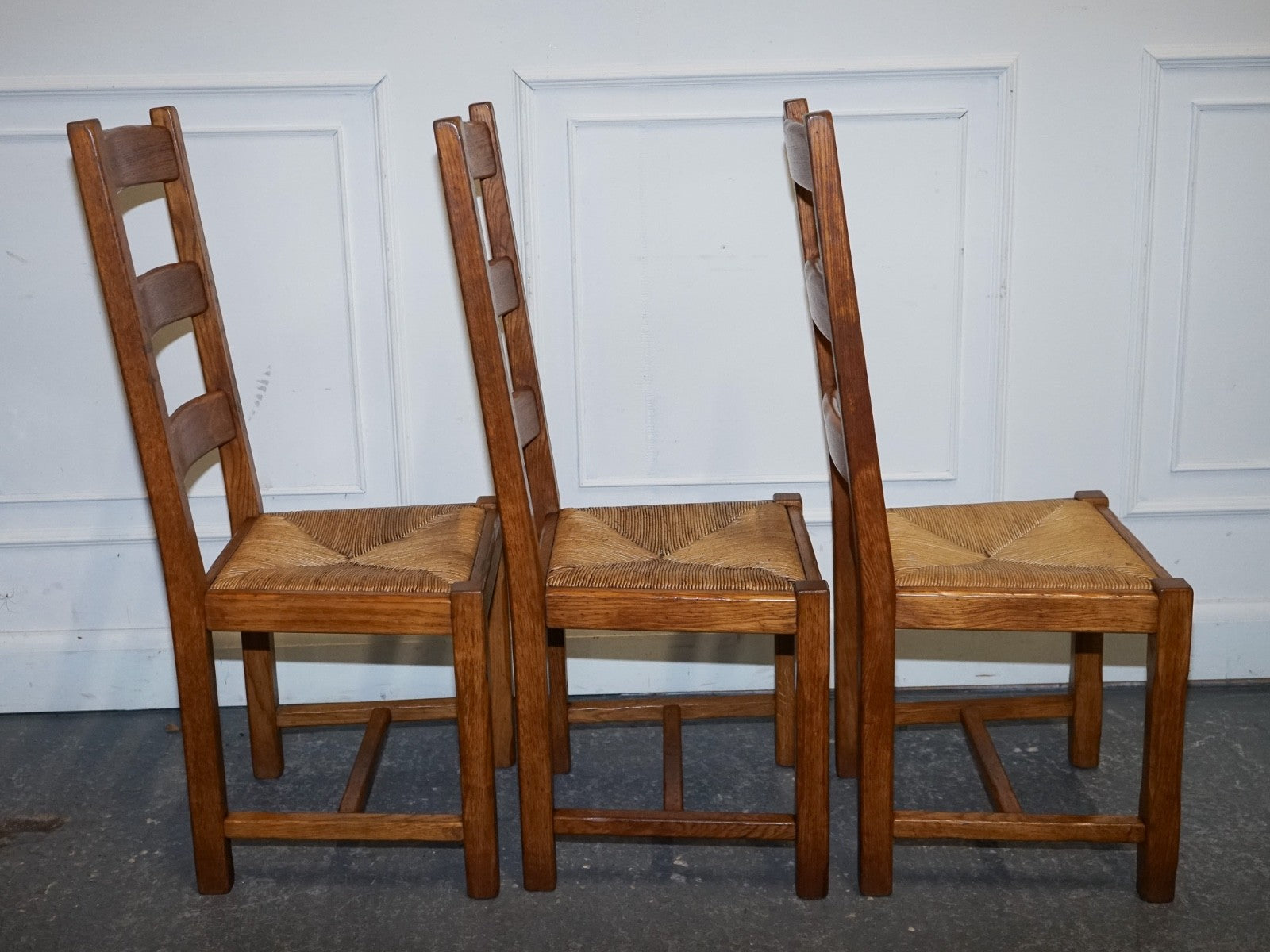1950'S FRENCH SET OF 6 FARM COUNTRY HOUSE LADDER BACK DINING CHAIRS STRAW SEATS