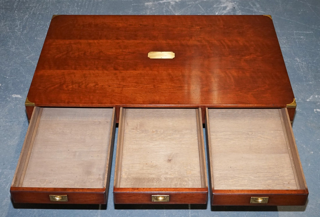 LARGE MILITARY CAMPAIGN REH KENNEDY HARRODS COFFEE TABLE WITH THREE DEEP DRAWERS