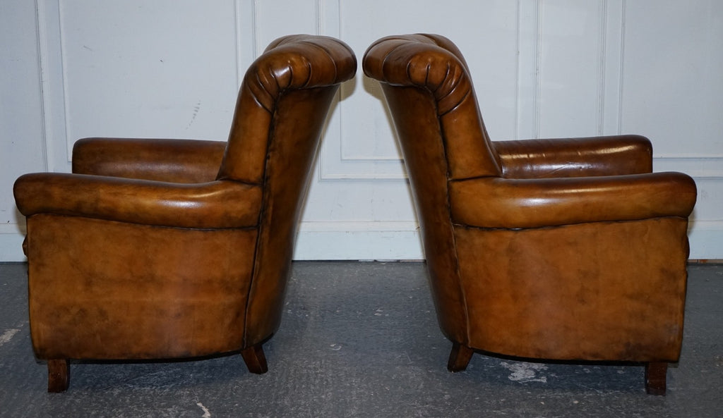 VINTAGE PAIR OF ART DECO STYLE HAND DYED LEATHER SHELL ARM CHAIRS