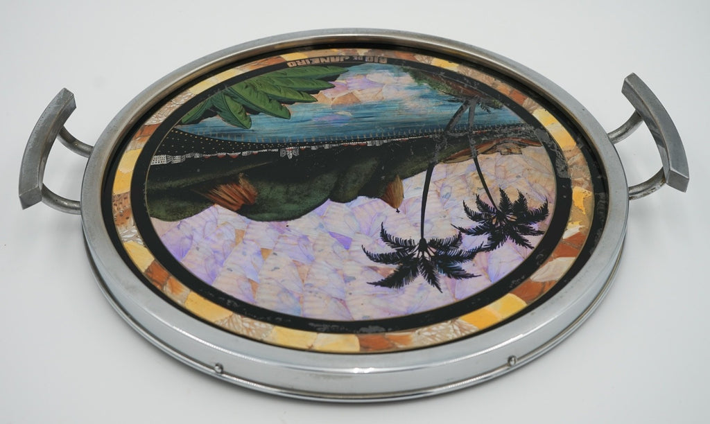 VINTAGE CIRCULAR BRAZILIAN RIO DE JANEIRO METAL TRAY REAL MORPHO BUTTERFLY WINGS