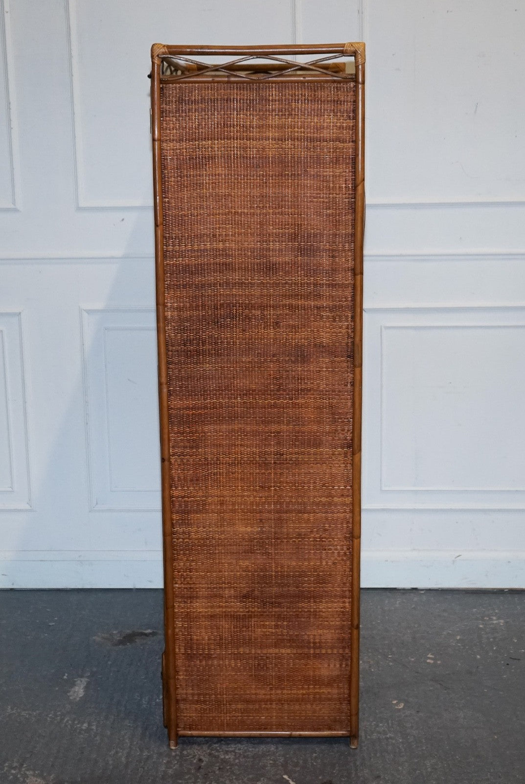 VINTAGE RATTAN AND CANE TWO DOOR AMOIRE OR WARDROBE WITH ONE DRAWER