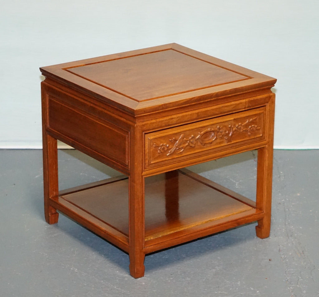 ORIENTAL CHINESE VINTAGE TEAK NIGHTSTAND BEDSIDE TABLE WITH DRAWER