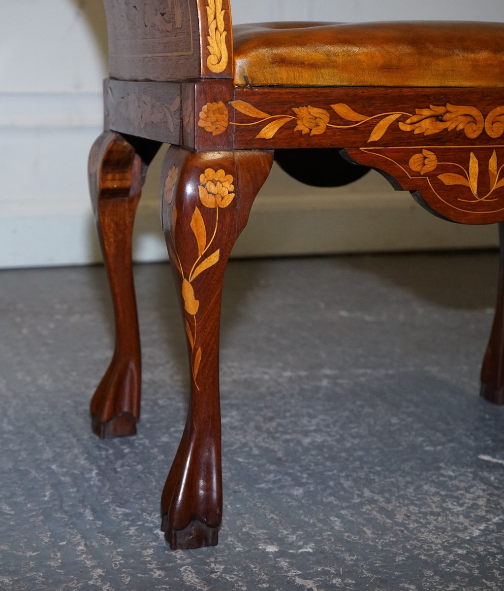 ANTIQUE 1860 DUTCH MARQUETRY WINDOW PIANO STOOL WITH HAND DYED CHESTERFIELD SEAT