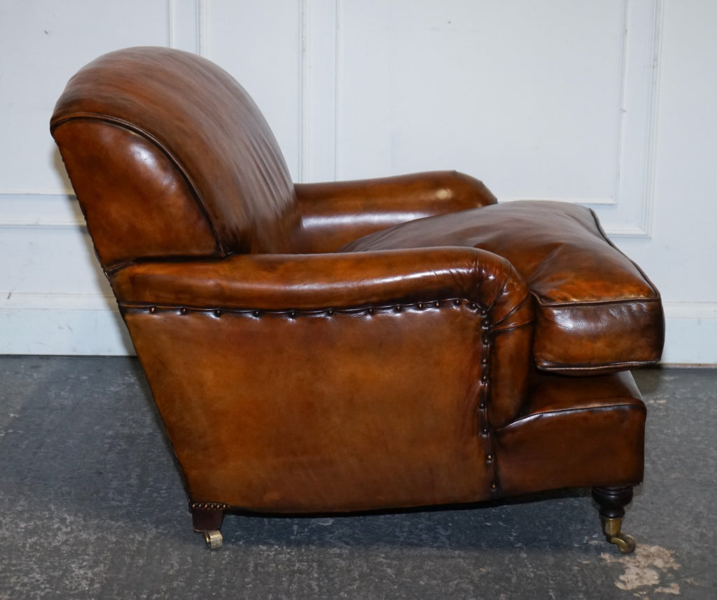 LARGE PAIR HOWARD STYLE HAND DYED LEATHER ARMCHAIRS FEATHER FILLED CUSHIONS