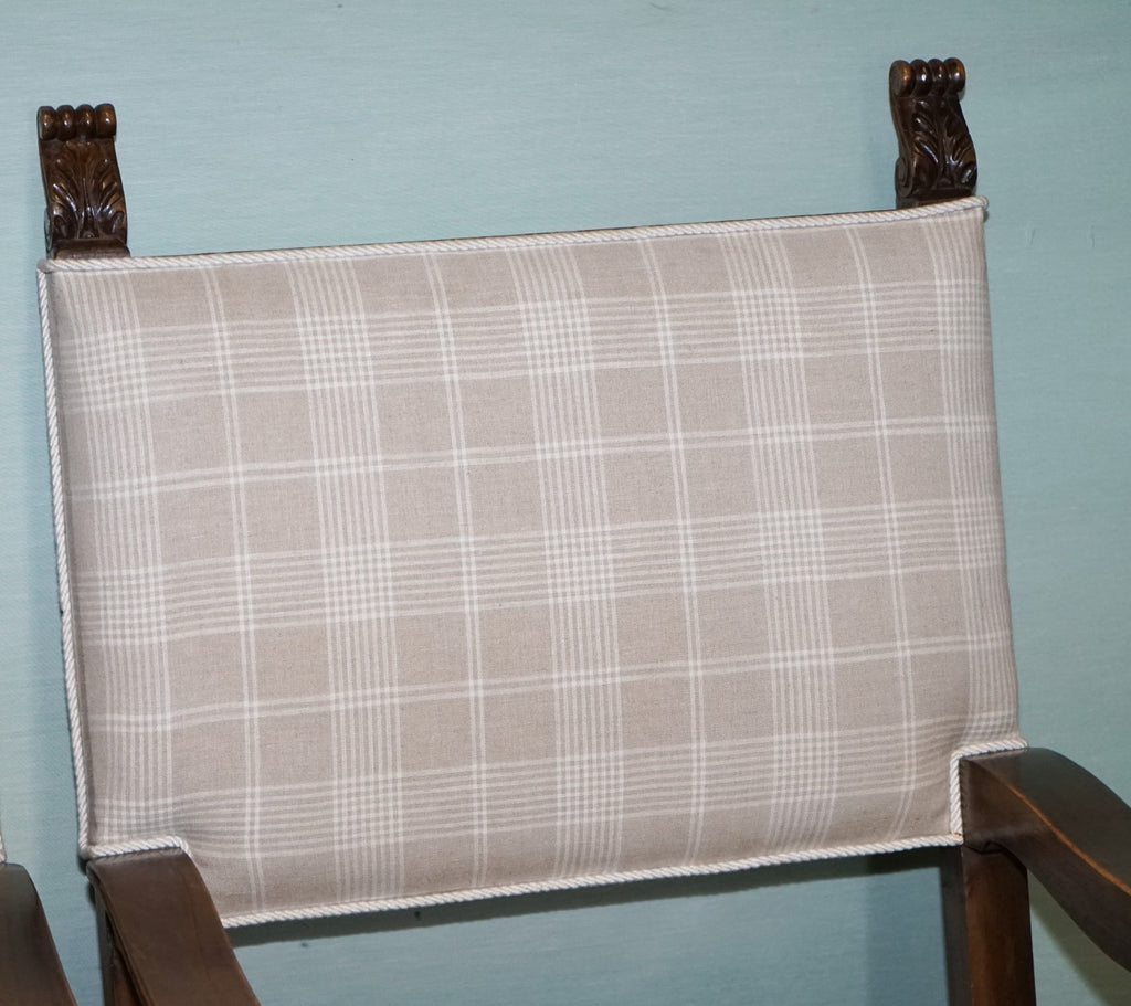 LOVELY PAIR OF VICTORIAN NEWLY UPHOLSTERED CARVER ARMCHAIRS CARVED WOOD DETAIL